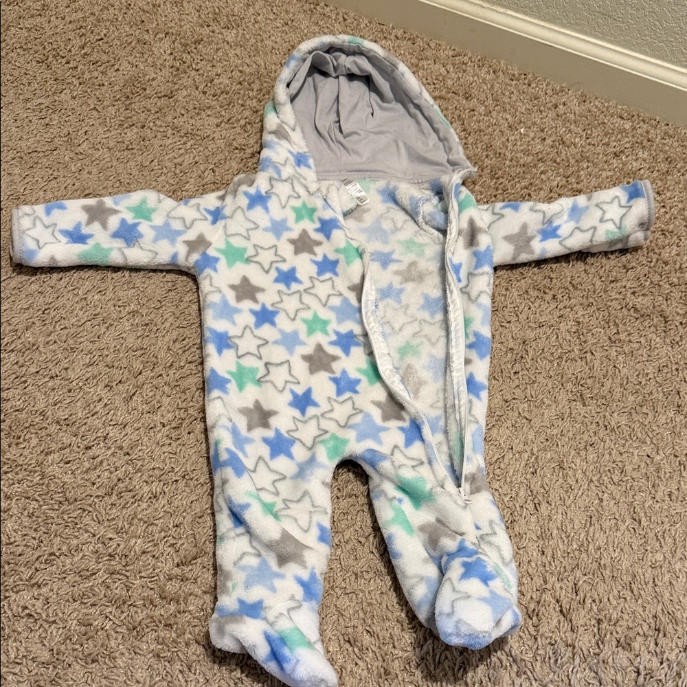 Cozy Star-Print Hooded Footie One-Piece in Blue, Green, Gray